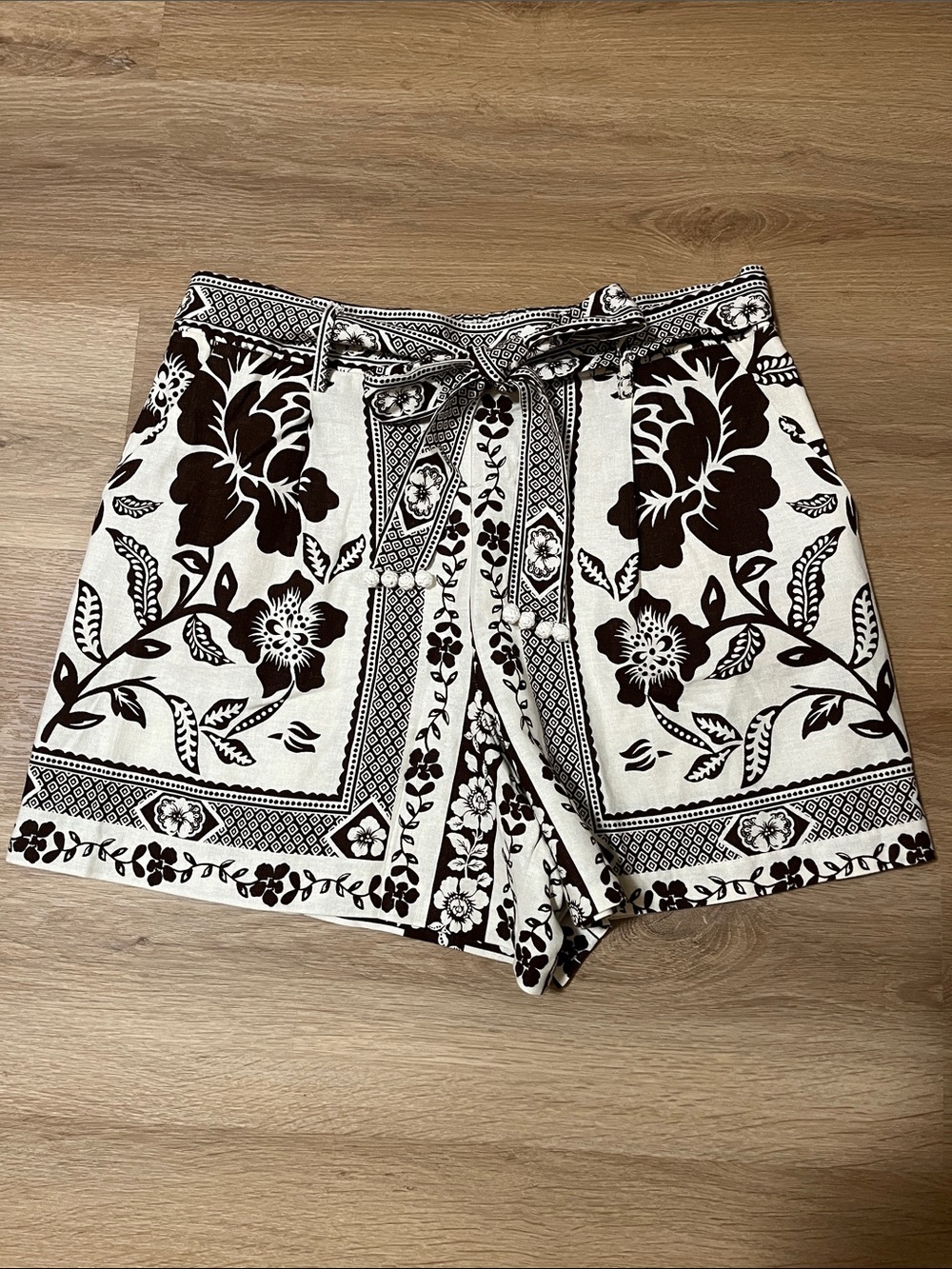 Calypso St. Barth Cream and Brown High-Waist Tie Shorts